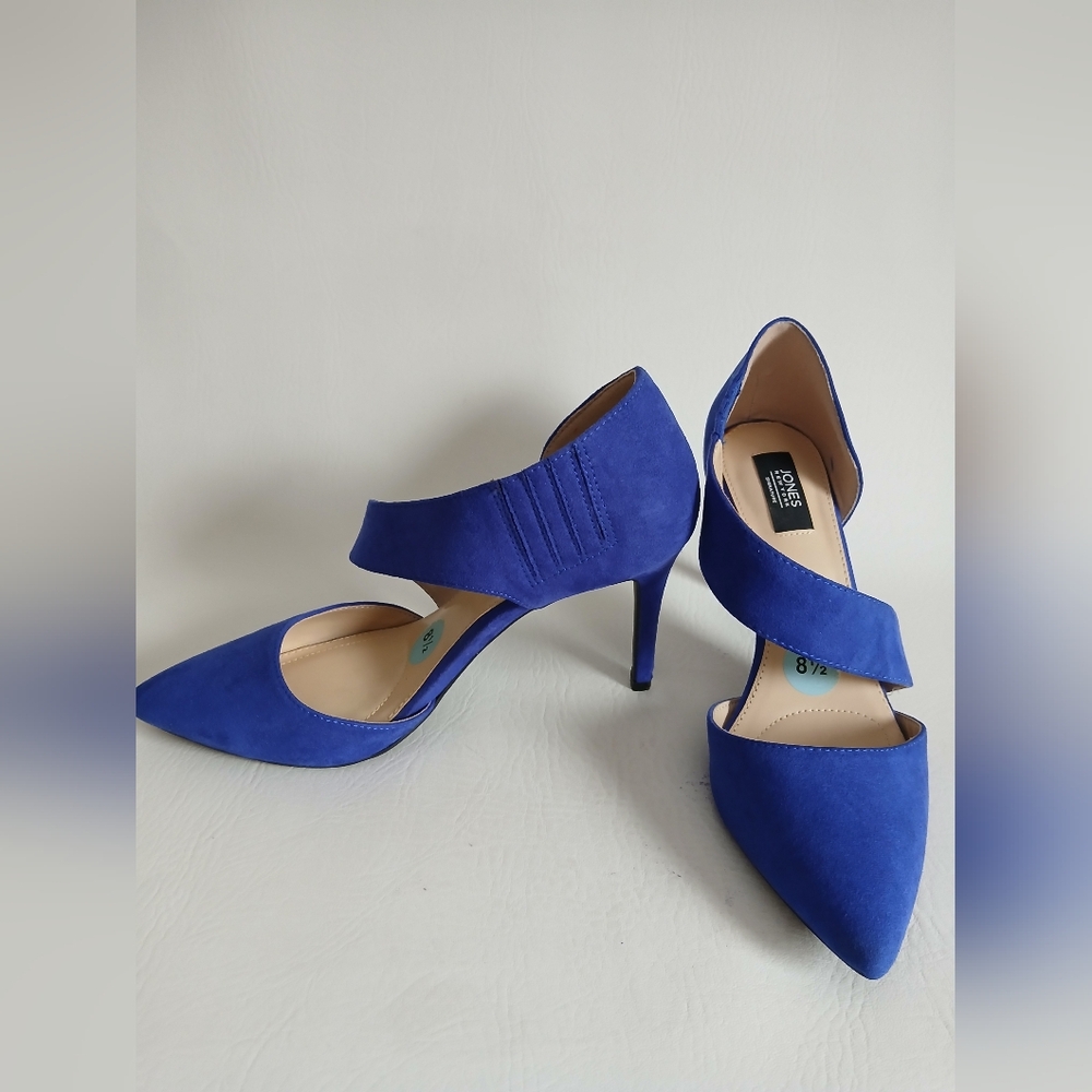 Jones New York Dignature Med Denim Blue Faux Suede Heels Sz8.5M Pointed Toe